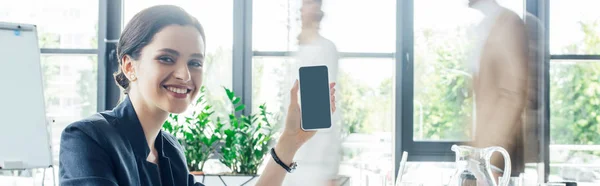 Panoramic Shot Smiling Attractive Businesswoman Formal Wear Holding Smartphone — Stock Photo, Image