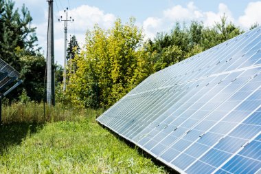 kopya alanı ve yeşil ağaçlar ile mavi güneş enerjisi pilleri 