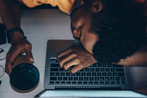 Exhausted African American Programmer Sleeping Keyboard — Stock Photo, Image