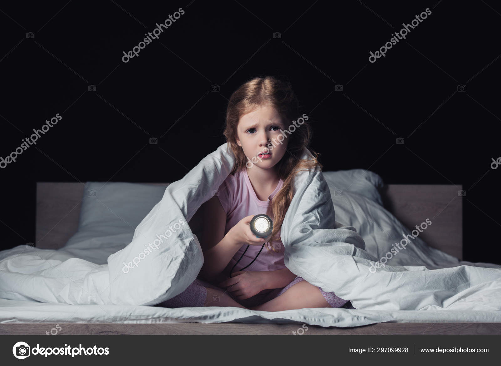 Scared Kid Sitting Blanket Holding Flashlight Looking Camera Isolated ...