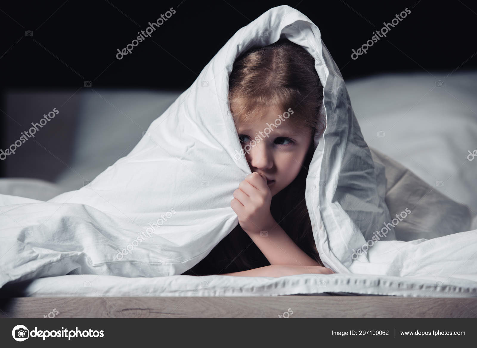 Frightened Child Hiding Blanket Looking Away Isolated Black — Stock