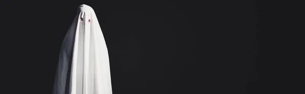 Πανοραμική Φωτογραφία Φάντασμα Λευκό Σεντόνι Απομονωθεί Μαύρο Χώρο Αντιγραφής — Φωτογραφία Αρχείου