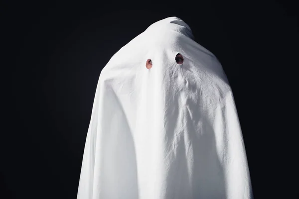Vreselijke Ghost Witte Beddelaken Geïsoleerd Zwart — Stockfoto
