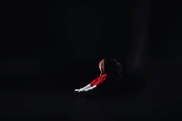 Depressed Frightened Kid Sitting Floor Bowed Head Isolated Black — Stock Photo, Image