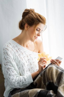 akıllı telefon kullanarak beyaz kazak çekici kadın ve sarı yaprakları tutarak 