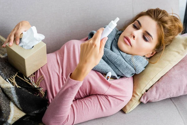 Attractive Ill Woman Grey Scarf Holding Nose Drops — Stock Photo, Image