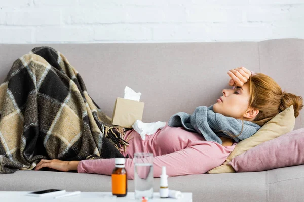 Side View Attractive Ill Woman Grey Scarf Headache Lying Apartment — Stock Photo, Image