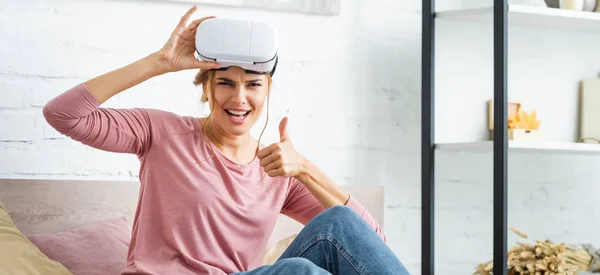 Panoramic Shot Attractive Woman Virtual Reality Headset Showing Thumb — Stock Photo, Image