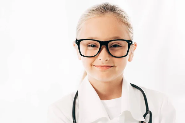 Front View Smiling Kid Doctor Costume Glasses Looking Camera Isolated — Stock Photo, Image