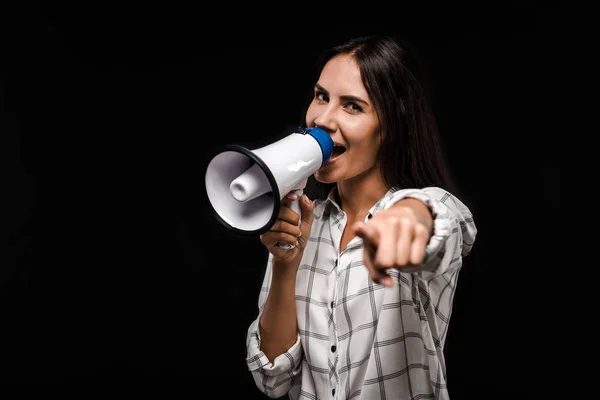 Selective Focus Happy Woman Holding Megaphone Pointing Finger Isolated Black — Stock Photo, Image