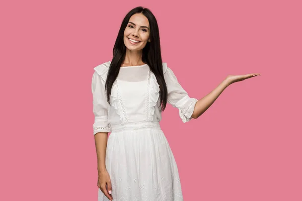 Happy Woman Gesturing While Looking Camera Isolated Pink — Stock Photo, Image