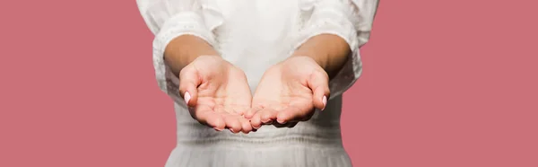 Панорамный Снимок Молодой Женщины Обхваченными Руками Изолированными Розовом — стоковое фото