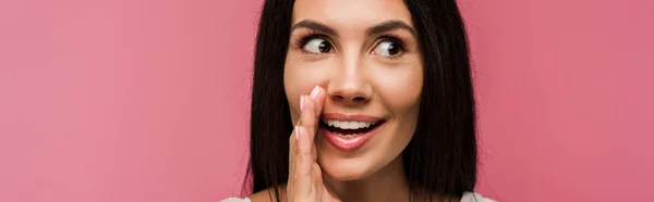 Panoramic Shot Cheerful Woman Touching Face While Gossiping Isolated Pink — Stock Photo, Image
