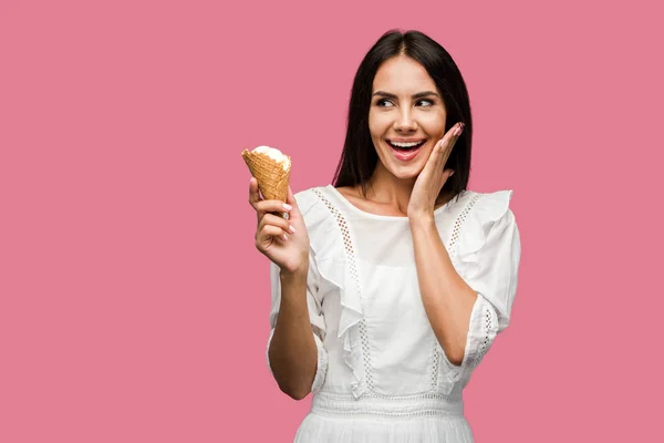 Mulher Animada Vestido Segurando Saboroso Cone Sorvete Isolado Rosa — Fotografia de Stock