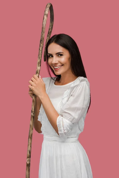 Cheerful Girl Holding Wooden Cane Isolated Pink — Stock Photo, Image