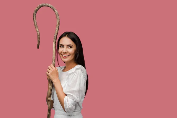 Gelukkig Meisje Holding Houten Cane Geïsoleerd Roze — Stockfoto