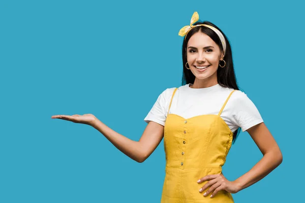 Happy Woman Gesturing Looking Camera Isolated Blue — Stock Photo, Image