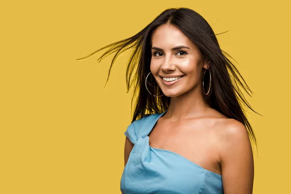 Young Attractive Woman Looking Camera Isolated Orange — Stock Photo, Image