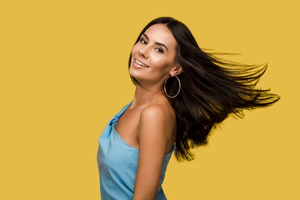 Young Cheerful Woman Looking Camera Isolated Orange — Stock Photo, Image