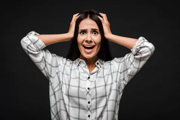 Scared Young Woman Holding Head Isolated Black — Stock Photo, Image