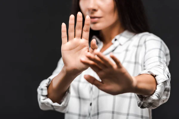 Cropped View Woman Gesturing Isolated Black — Stock Photo, Image