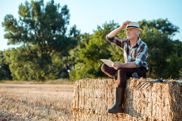 senior farmer using digital tablet while sitting on bale of hay 