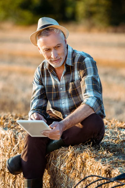 Landwirt Hält Digitales Tablet Der Hand Während Auf Heuballen Sitzt — Stockfoto