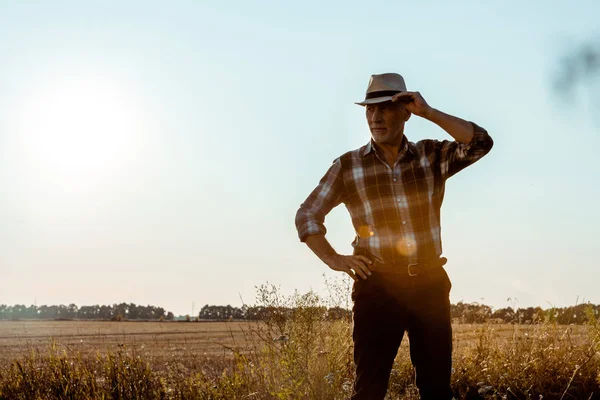 Senior Homme Touchant Chapeau Paille Dans Champ Blé — Photo