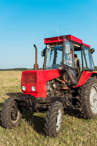 senior farmer driving red tractor in wheat field 