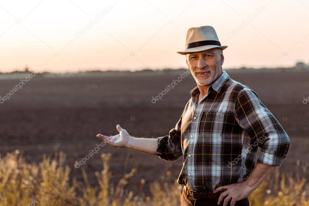 selective focus of cheerful self-employed farmer in straw hat gesturing near wheat field 