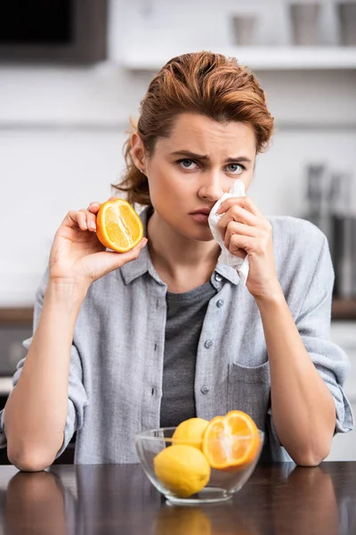 Woman Runny Nose Holding Half Tasty Orange — Stock Photo, Image