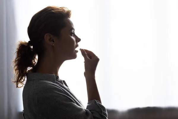 Side View Attractive Woman Taking Pill Home — Stock Photo, Image