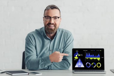 grafik ve grafikler web sitesi ile dizüstü bilgisayarda parmak ile işaret gömlek yakışıklı işadamı 