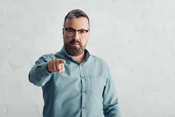 Handsome Businessman Shirt Pointing Finger Looking Camera — Zdjęcie stockowe