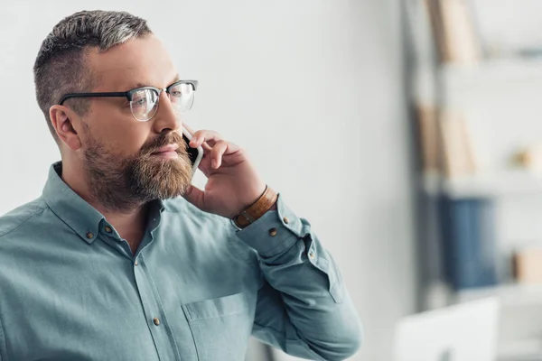 Handsome Businessman Shirt Glasses Talking Smartphone Office — Stock Photo, Image