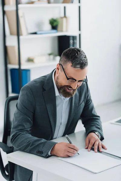 Handsome Businessman Formal Wear Glasses Writing Pen Office — Stock Photo, Image