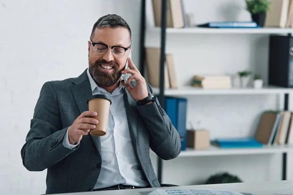 Handsome Businessman Formal Wear Talking Smartphone Holding Paper Cup — Stock Photo, Image