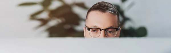 Tiro Panorâmico Homem Óculos Olhando Para Longe Escritório — Fotografia de Stock