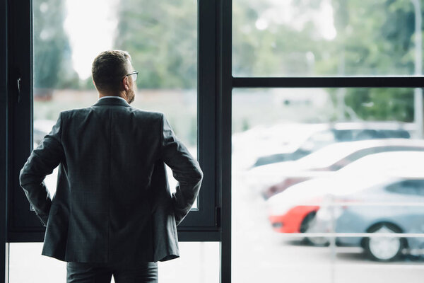 back view of man in formal wear looking through window 