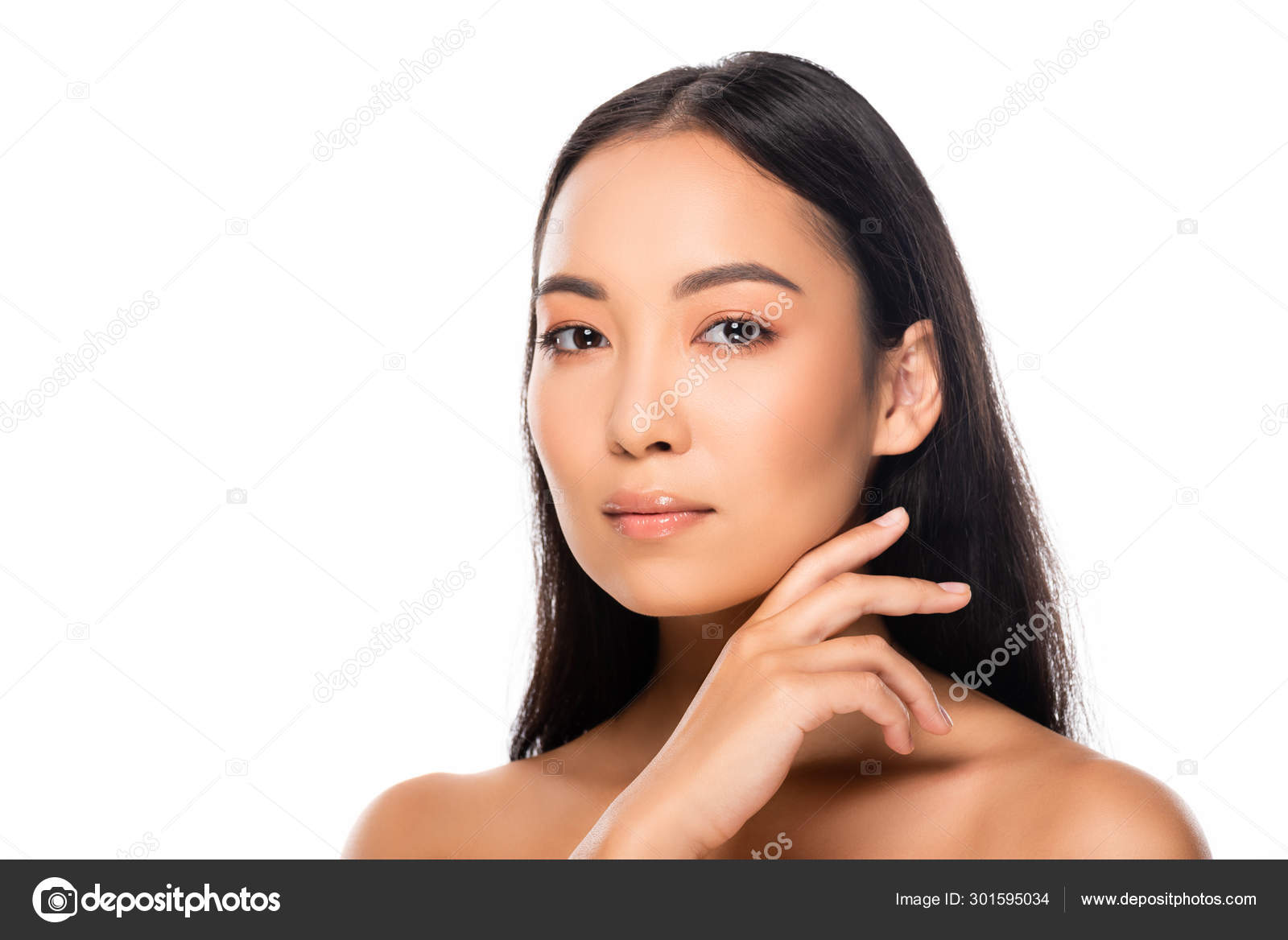 Schön Asiatische Nackte Frau Berühren Sauberes Gesicht Isoliert Auf Weiß Stockfotografie