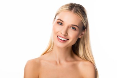 nude smiling blonde woman with white teeth isolated on white clipart