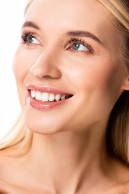naked smiling blonde woman with white teeth looking away isolated on white clipart