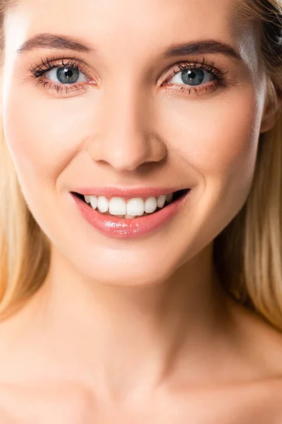 Naga Uśmiechnięta Blond Kobieta Białymi Zębami — Zdjęcie stockowe