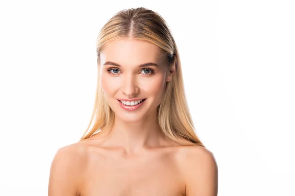 Sorrindo Mulher Loira Com Dentes Brancos Isolados Branco — Fotografia de Stock