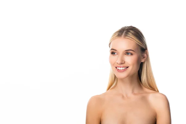 Naken Lycklig Blond Kvinna Med Vita Tänder Ser Bort Isolerade — Stockfoto