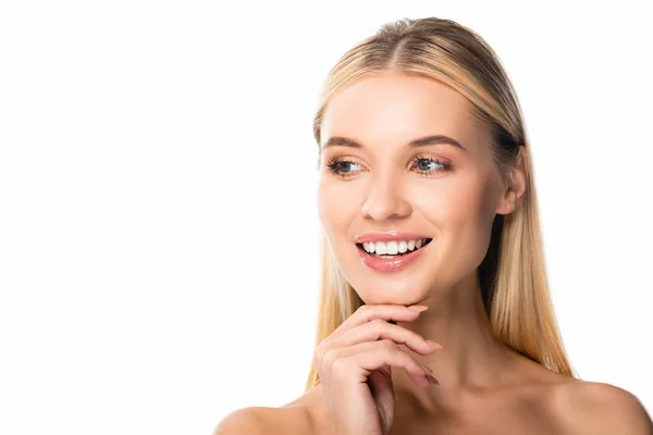 Lächelnde Blonde Frau Mit Weißen Zähnen Die Isoliert Auf Weißem — Stockfoto