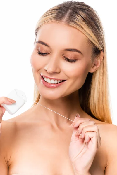 Portret Van Lachende Naakte Vrouw Met Tandheelkundige Floss Geïsoleerd Wit — Stockfoto