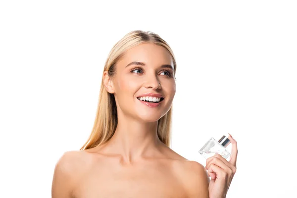 Rubia Mujer Feliz Desnuda Con Perfume Mirando Hacia Otro Lado — Foto de Stock