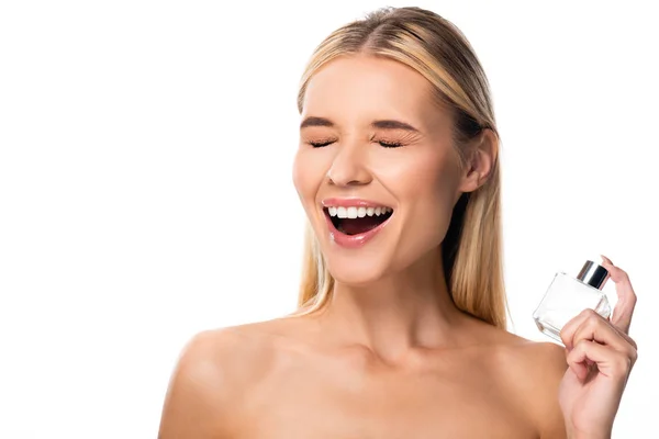 Blond Naken Lycklig Kvinna Med Slutna Ögon Och Parfym Isolerad — Stockfoto