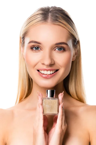 Retrato Mujer Feliz Desnuda Rubia Con Perfume Aislado Blanco — Foto de Stock